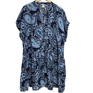 H&M Womens Dress Large Paisley Blue White Drop Waist Short‎ Sleeve buttondown